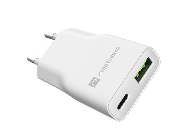 NATEC RIBERA GAN SLIM MAINS CHARGER 1× USB-A + 1× USB-C 20W WHITE