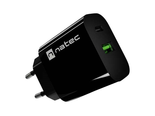 WALL CHARGER NATEC RIBERA 1X USB-A + 1X USB-C 20W BLACK