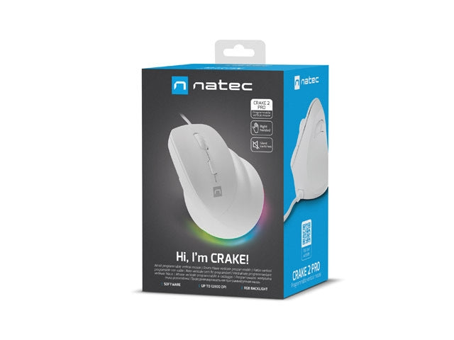 Natec Vertical Mouse Crake 2 Pro 12800DPI Optical White