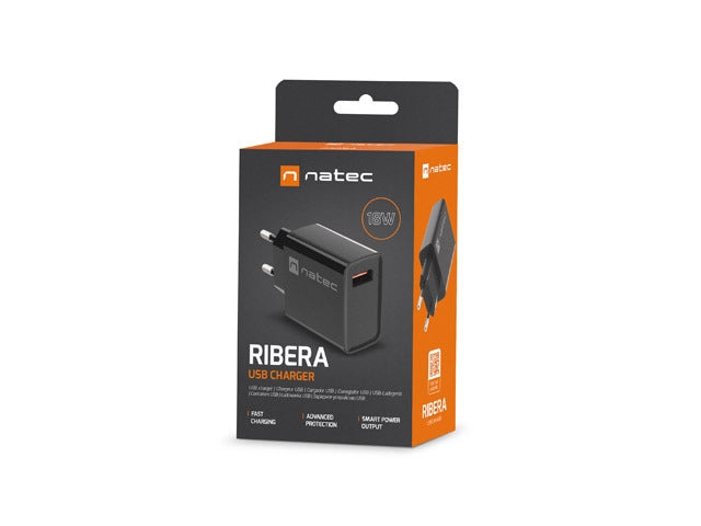 Natec USB Charger Ribera 1X USB-A 18W, Black