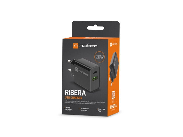 Natec USB Charger Ribera 1X USB-A + 1X USB-C 20W, Black