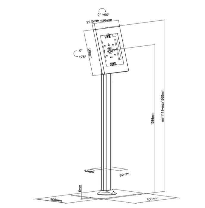 Neomounts floor stand, lockable tablet casing for Apple iPad, PRO, Air & Samsung Galaxy Tab