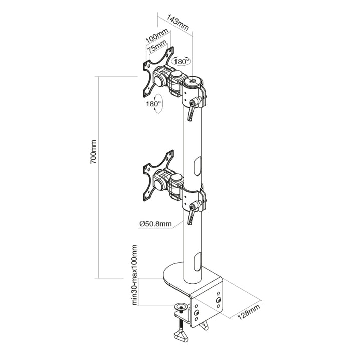 Neomounts Flat Screen Desk Mount (clamp), high capacity, for 2 Monitor Screens