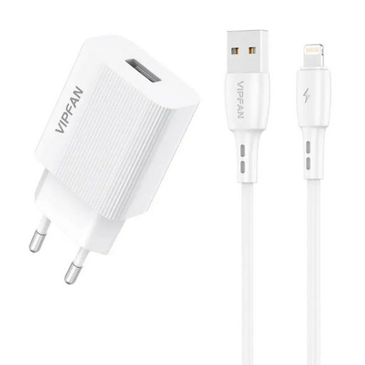 Network charger VFAN E01 1x USB 2.4A + Lightning cable (white) - mains chargers<<<Chargers<<<GSM Accessories<<<InnproXML