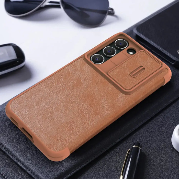 Nillkin Qin Leather Pro Case Case for Samsung Galaxy S23+ Cover with Flip Camera Protector Brown - Cell phone cases