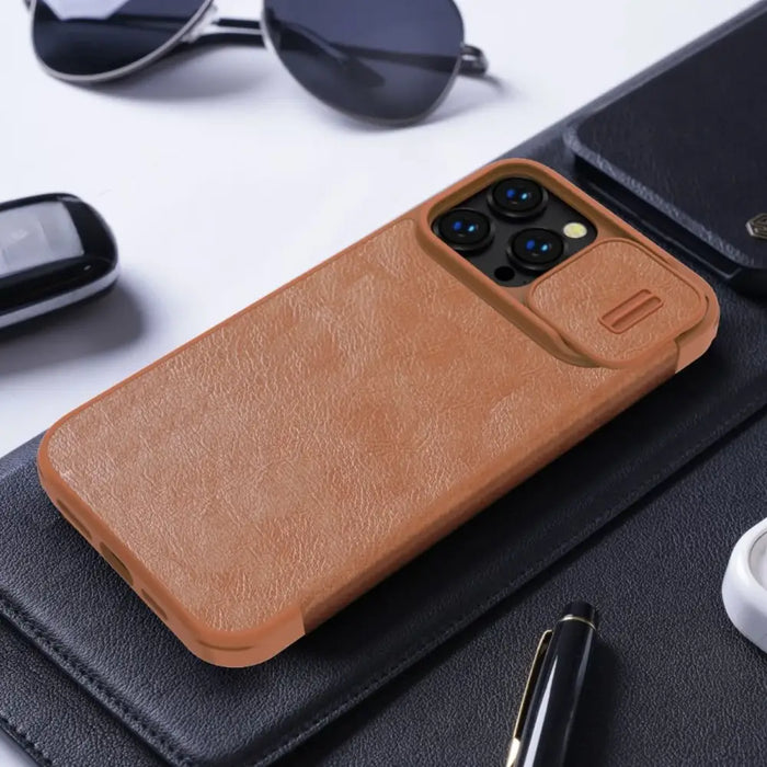Nillkin Qin Leather Pro Case iPhone 14 Pro Camera Cover Holster Cover Flip Case Brown - Cell phone cases