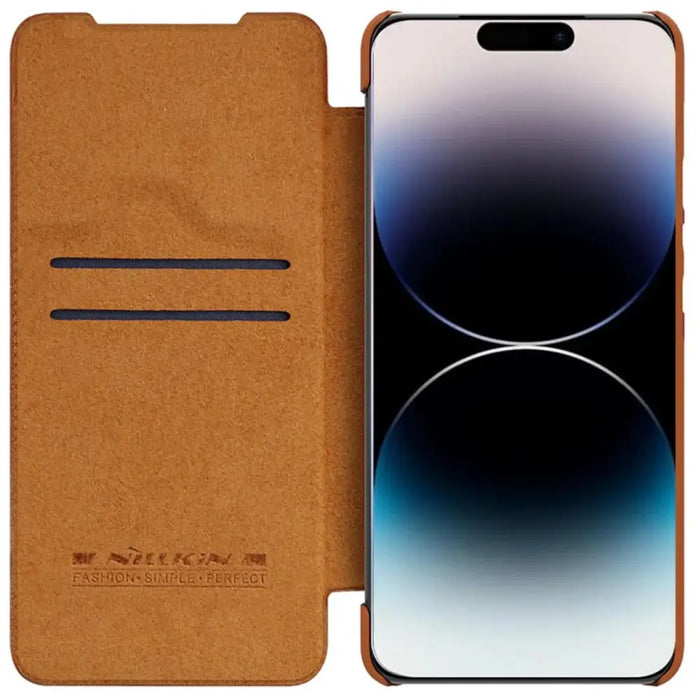 Nillkin Qin Leather Pro Case iPhone 14 Pro Camera Cover Holster Cover Flip Case Brown - Cell phone cases