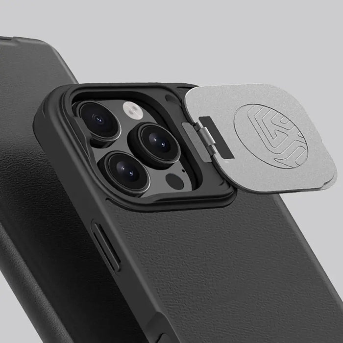 Nillkin Qin Prop Leather Case with Camera Cover and Stand for iPhone 16 Pro - Black - Cell phone cases