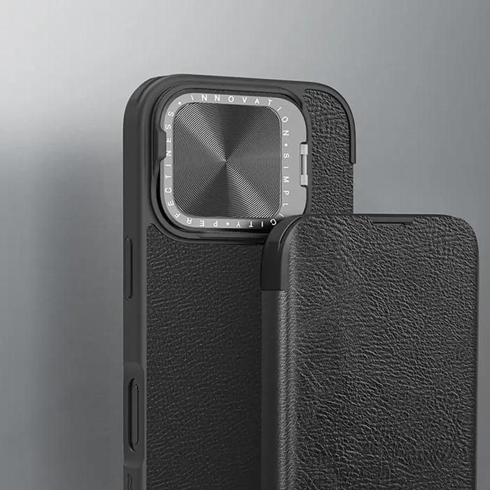 Nillkin Qin Prop Leather Case with Camera Cover and Stand for iPhone 16 Pro Max - Black - Cell phone cases