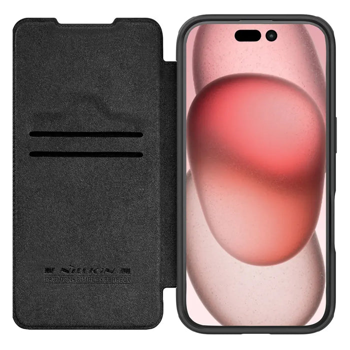 Nillkin Qin Prop Leather Case with Camera Cover and Stand for iPhone 16 Pro Max - Black - Cell phone cases