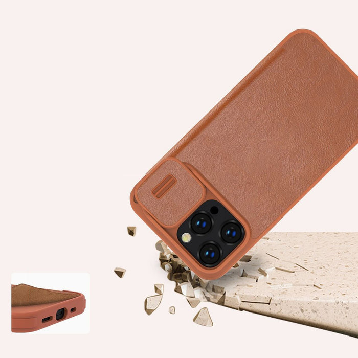 Nillkin Qin Leather Pro Case iPhone 14 Pro Max Camera Cover Holster Cover Flip Case Brown