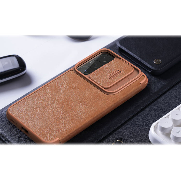 Nillkin Qin Leather Pro Case Case for Samsung Galaxy S22+ (S22 Plus) Camera Protector Holster Cover Flip Case Brown