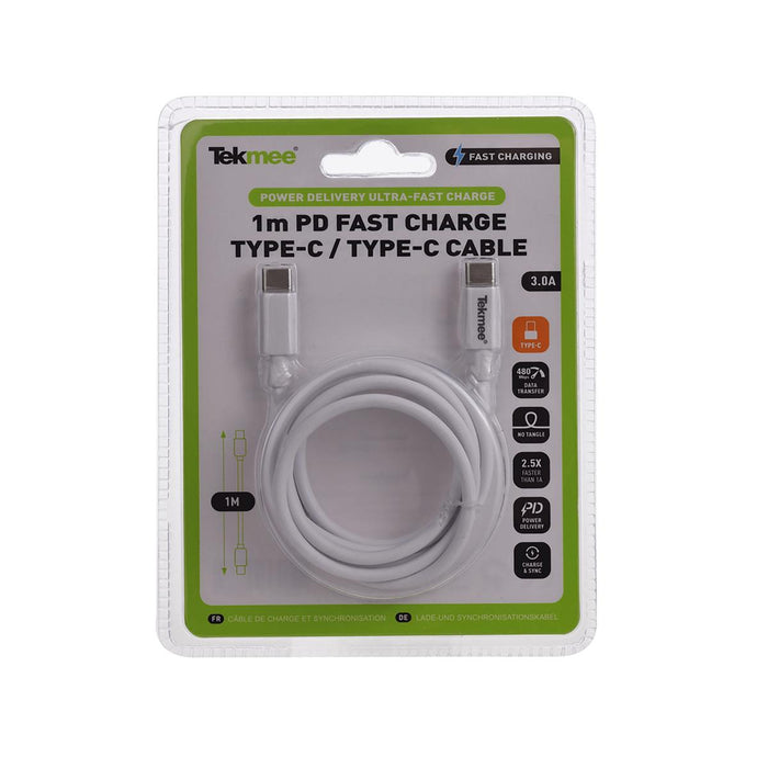 CABLE TYPE-C/TYPE-C WHITE/BLACK 3A, 1M TEKMEE