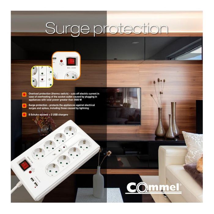SWITCH 8X2P+E 2XUSBА 3M WHITE COMMEL