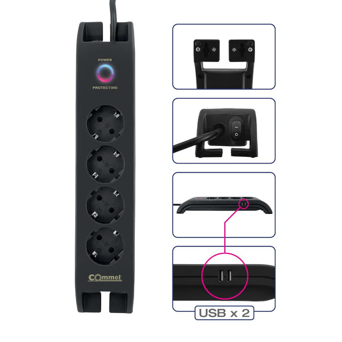 SWITCH 4X2P+E 2XUSBА 2M BLACKCOMMEL