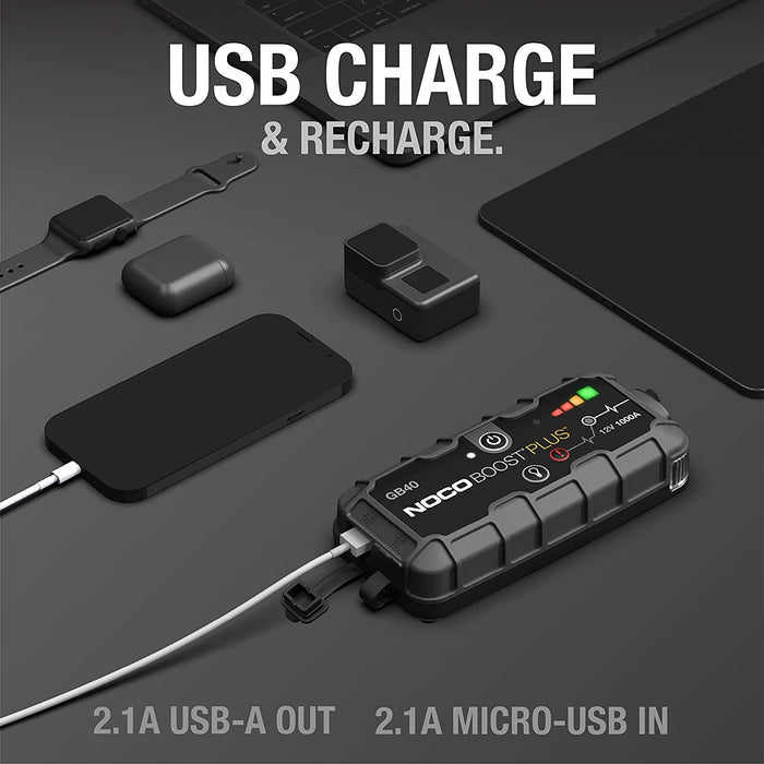 NOCO GB40 Boost 12V 1000A Jump Starter starter device with integrated 12V/USB battery