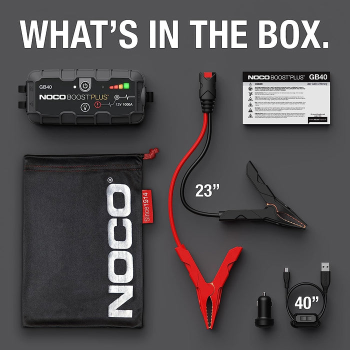 NOCO GB40 Boost 12V 1000A Jump Starter starter device with integrated 12V/USB battery