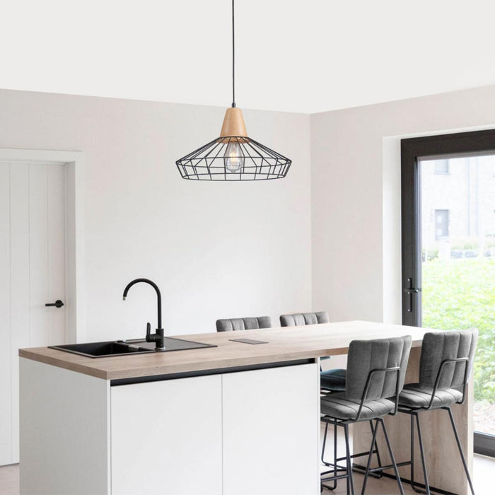 PENDANT AVA 1XE27 WIRE WITH WOOD BLACK