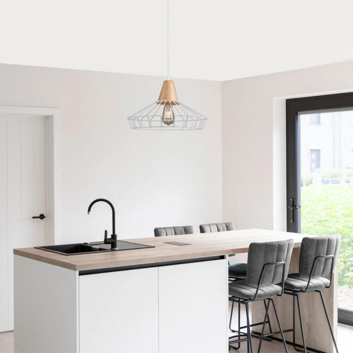 PENDANT AVA 1XE27 WIRE WITH WOOD WHITE