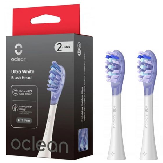 Set of 2 replacement heads for Oclean Ultra White electric toothbrush, Hard, White