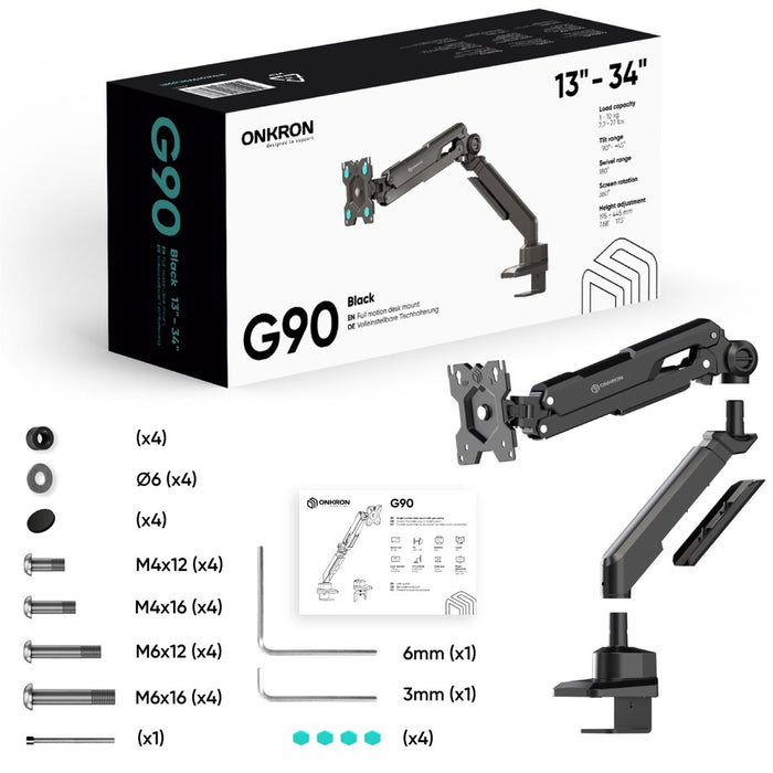 ONKRON G90-B Swivel and tilt desk mount for 13‘-34’ monitors, max. 10 kg, with rotation, black