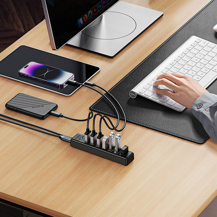 Orico PW7U-U3 hub 7x USB-A 3.0 + USB-C 5V/3A 1m - black