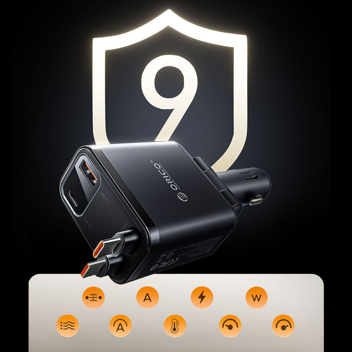 Orico Twin Reach 45W USB-A + USB-C Car Charger with Two Retractable USB-C Cables - Black