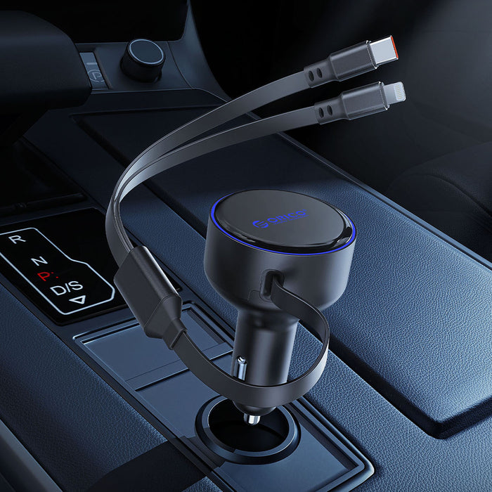 Orico Dual Stretch 60W USB-C Car Charger with Two Retractable USB-C + Lightning Cables - Black