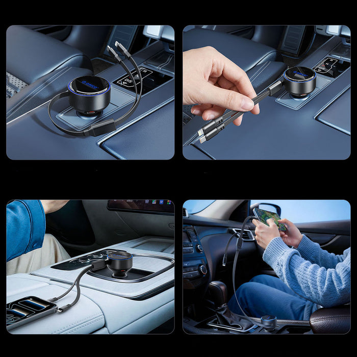 Orico Dual Stretch 60W USB-C Car Charger with Two Retractable USB-C + Lightning Cables - Black