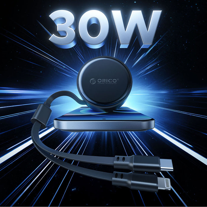 Orico Dual Stretch 60W USB-C Car Charger with Two Retractable USB-C + Lightning Cables - Black
