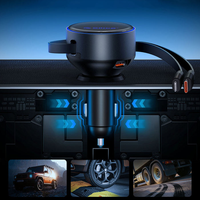Orico Dual Stretch 60W USB-C Car Charger with Two Retractable USB-C + Lightning Cables - Black