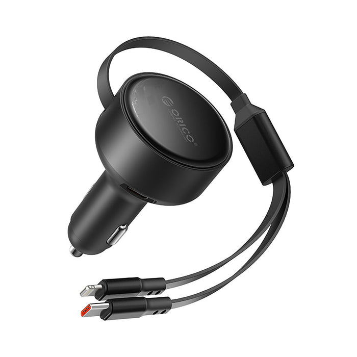 Orico Dual Stretch 60W USB-C Car Charger with Two Retractable USB-C + Lightning Cables - Black
