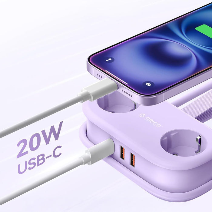 Orico AP3 20W GaN 5in1 Power Strip 2x AC + 2x USB-A + 1x USB-C - Purple