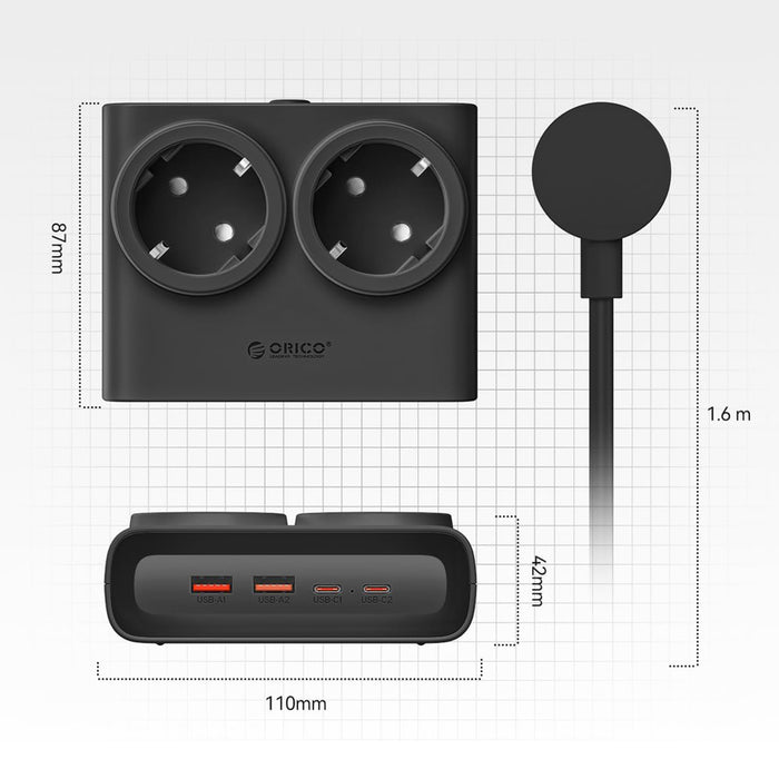 Orico PDC25 25W 6in1 Power Strip 2x AC + 2x USB-A + 2x USB-C - Black