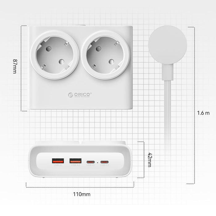 Orico PDC25 25W 6in1 Power Strip 2x AC + 2x USB-A + 2x USB-C - White