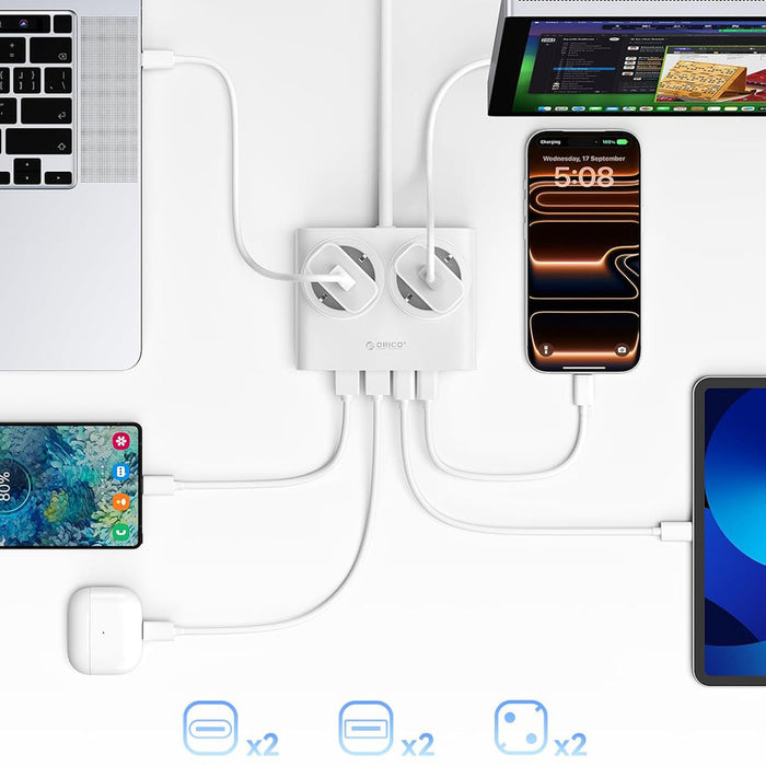 Orico PDC25 25W 6in1 Power Strip 2x AC + 2x USB-A + 2x USB-C - White