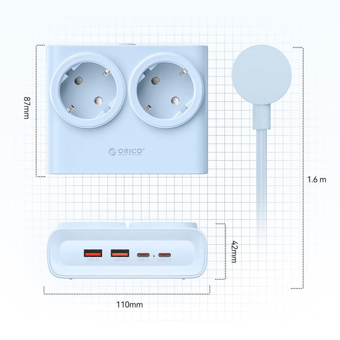 Orico PDC25 25W 6in1 Power Strip 2x AC + 2x USB-A + 2x USB-C - Blue