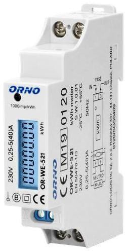 ORNO 1 Phase Electricity Meter, 40A, MID, Pulse Output, Backlight, 1 Module