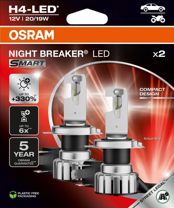 OSRAM H4/H19 NIGHT BREAKER LED SMART +330% 6000K 20W 12V HANGING FOLDING BOX X2 PCS