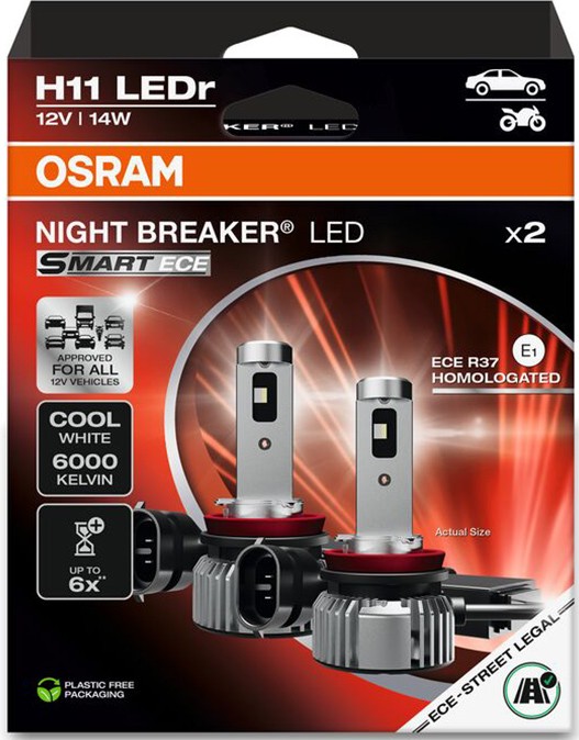 OSRAM H11 LED NIGHT BREAKER SMART ECE 6000K 14W 12V HANGING FOLDING BOX X2 PCS