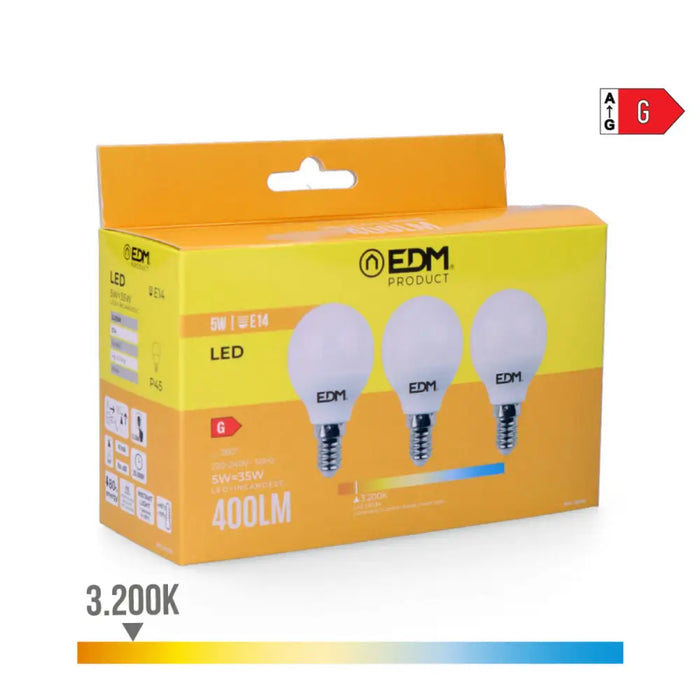 Pack of 3 LED bulbs EDM 98200 G 35 W 5 W 50 W E14 400 lm Ø 4,5 x 8 cm (3200 K) - Декорация и Осветление<<<Дом