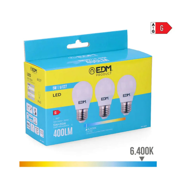 Pack of 3 LED bulbs EDM 98203 G 35 W 5 W 50 W E27 400 lm Ø 4,5 x 8 cm (6400 K) - Декорация и Осветление<<<Дом
