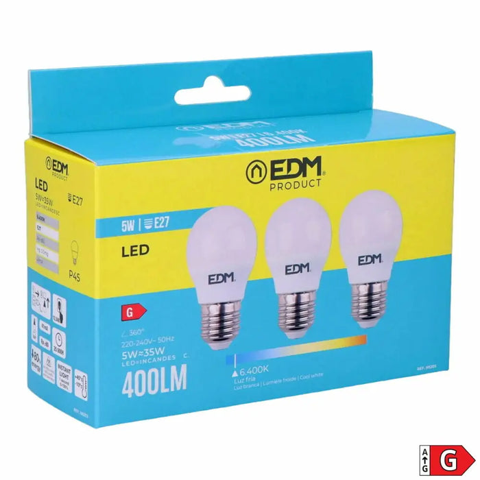 Pack of 3 LED bulbs EDM 98203 G 35 W 5 W 50 W E27 400 lm Ø 4,5 x 8 cm (6400 K) - Декорация и Осветление<<<Дом