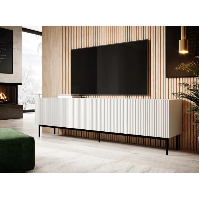 PAFOS RTV cabinet on black steel frame 200x40x60 cm white matt - TV cabinets made of furniture boardSTV-ZPM<<<TV