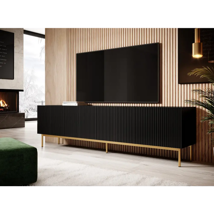 PAFOS RTV cabinet on golden steel frame 200x40x60 cm matte black - TV cabinets made of furniture boardSTV-ZPM<<<TV