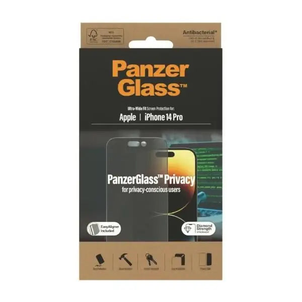 PanzerGlass Ultra-Wide Fit Tempered Glass Antibacterial Privacy with Positioner for iPhone 14 Pro - Cell phone tempered