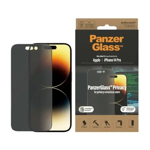 PanzerGlass Ultra-Wide Fit Tempered Glass Antibacterial Privacy with Positioner for iPhone 14 Pro - Cell phone tempered
