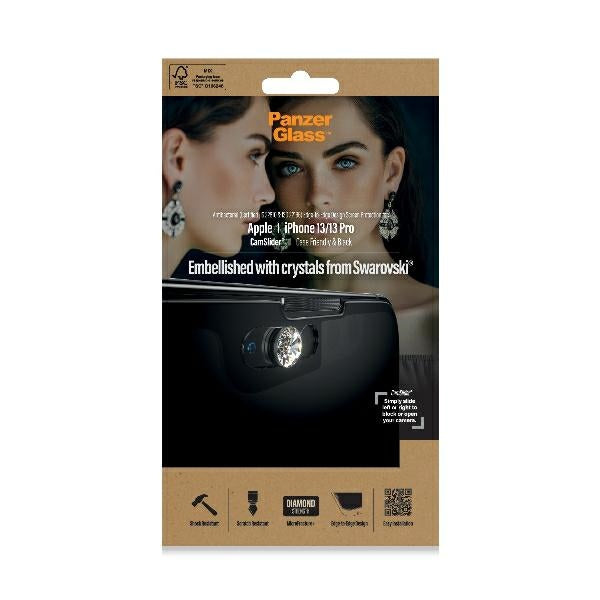 PanzerGlass E2E Microfracture Antibacterial Glass with Swarovsky Crystal Camera Cover for iPhone 13/13 Pro - With Black Frame