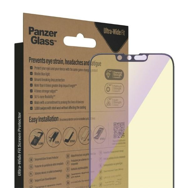 PanzerGlass Ultra-Wide Fit Antibacterial Tempered Glass with Blue Light Filter and Positioner for iPhone 14/13 Pro/13