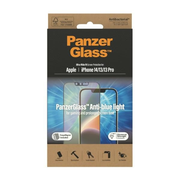 PanzerGlass Ultra-Wide Fit Antibacterial Tempered Glass with Blue Light Filter and Positioner for iPhone 14/13 Pro/13